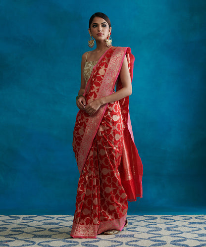 Red_Handloom_Pure_Katan_Silk_Banarasi_Saree_With_Pink_Floral_Zari_Border_WeaverStory_02