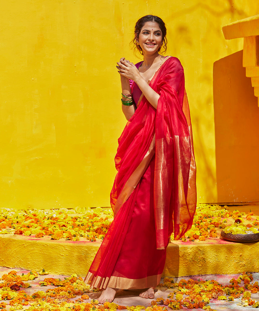 Handloom_Red_Pure_Cotton_Silk_Chanderi_Saree_With_Gold_Zari_Border_WeaverStory_02