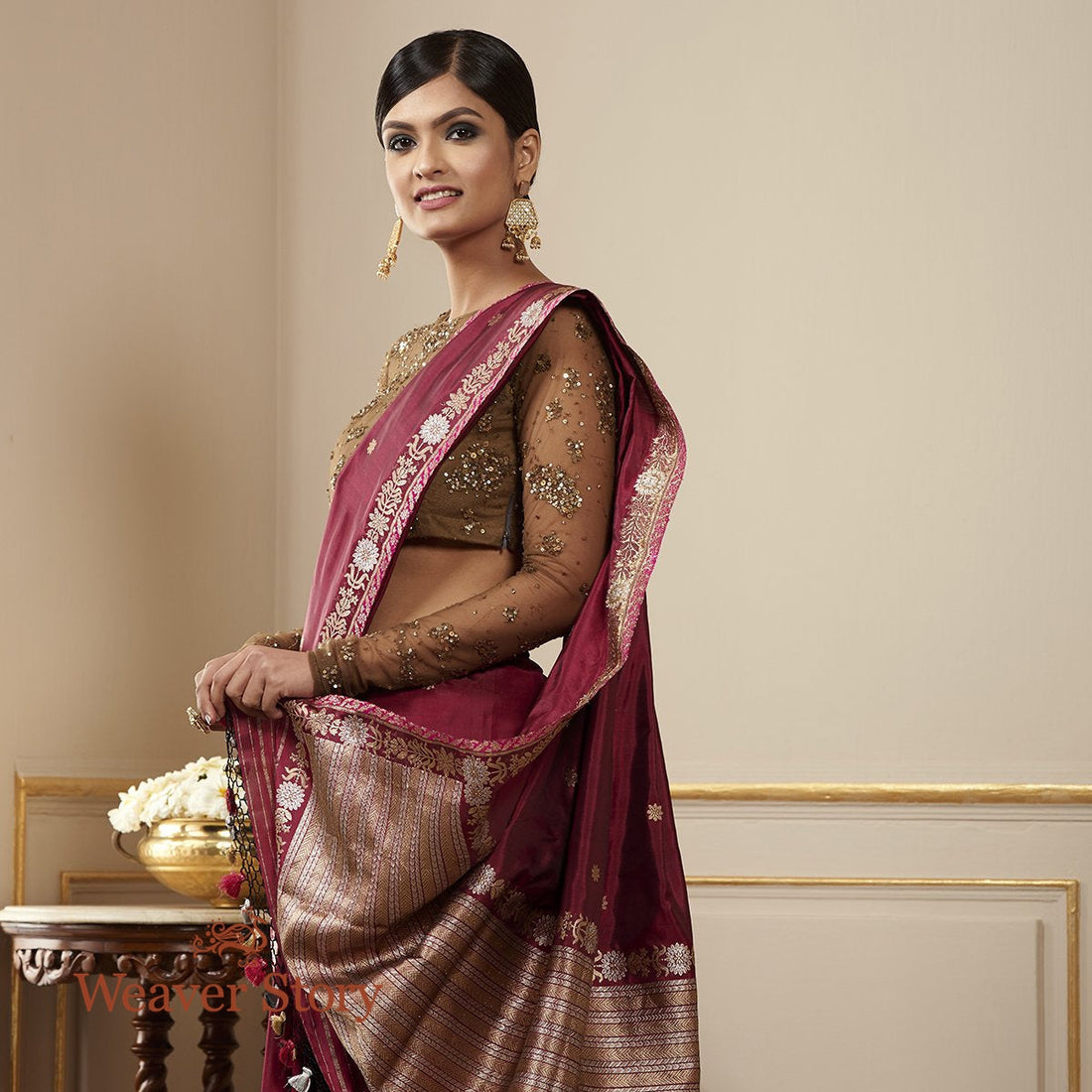 Handloom_Burgundy_Banarasi_Saree_with_Kadhwa_Booti_and_Delicate_Floral_Border_WeaverStory_01