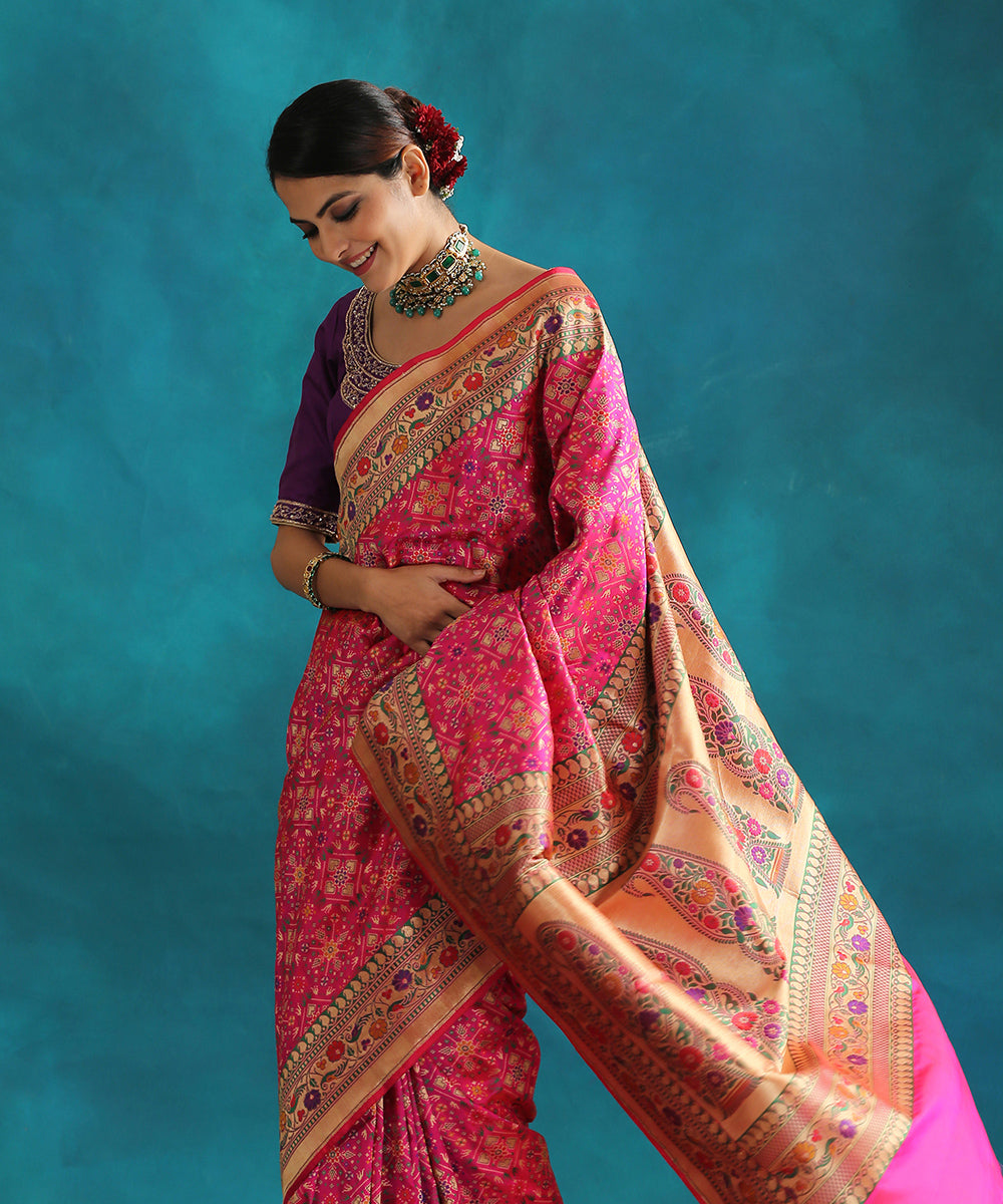 Hot_Pink_Handloom_Double_Warp_Meenakari_Patola_Saree_With_Paithani_Peacock_Border_WeaverStory_01