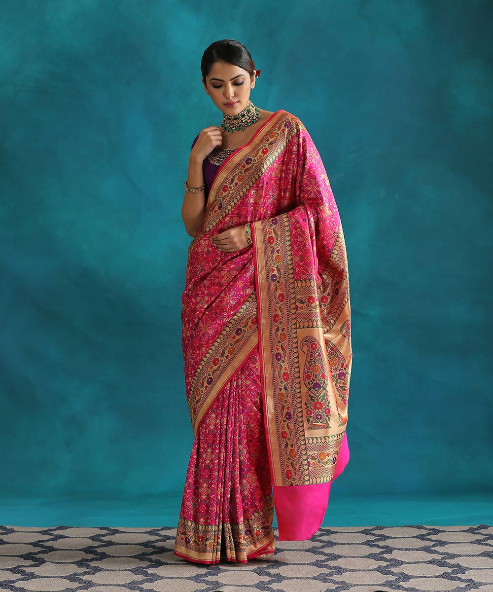 Hot_Pink_Handloom_Double_Warp_Meenakari_Patola_Saree_With_Paithani_Peacock_Border_WeaverStory_02