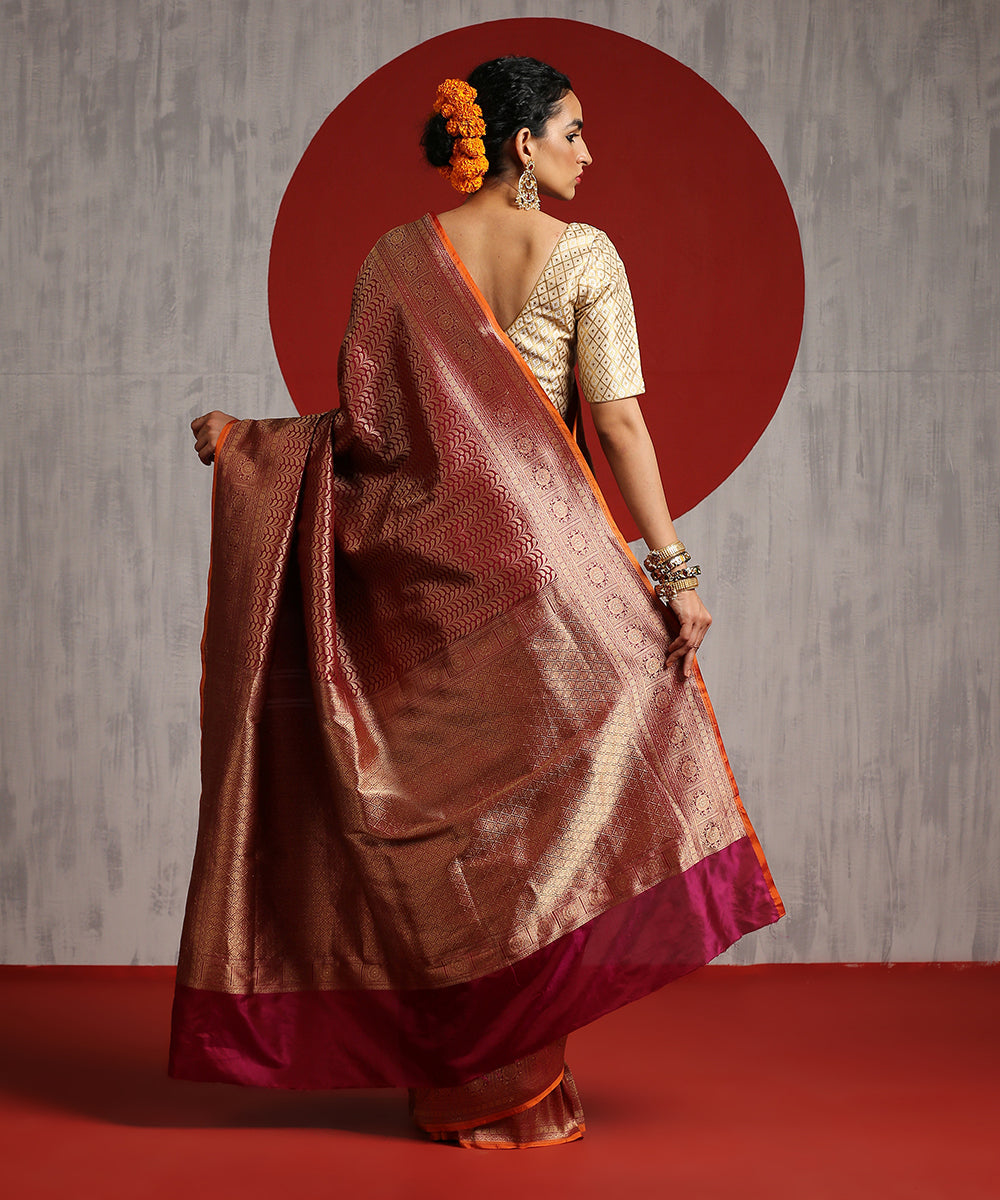 Handloom_Wine_Pure_Katan_Silk_Kimkhab_Banarasi_Saree_With_Gold_Zari_And_Orange_Selvedge_WeaverStory_03