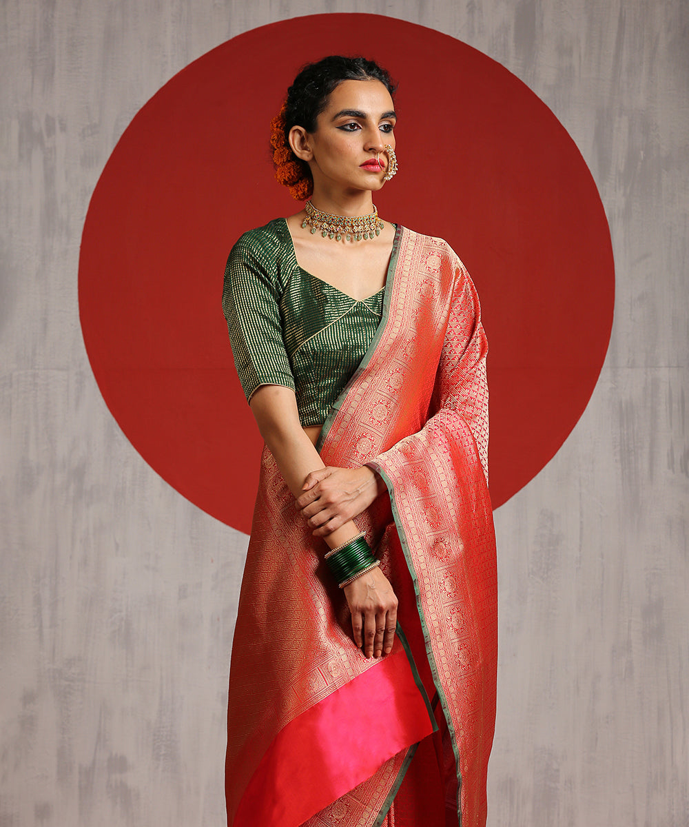 Handloom_Pink_Gold_Zari_Square_Motif_Banarasi_Brocade_Saree_With_Green_Selvedge_WeaverStory_01