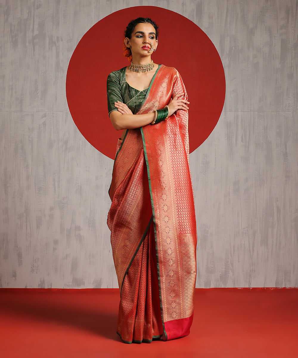 Handloom_Pink_Gold_Zari_Square_Motif_Banarasi_Brocade_Saree_With_Green_Selvedge_WeaverStory_02