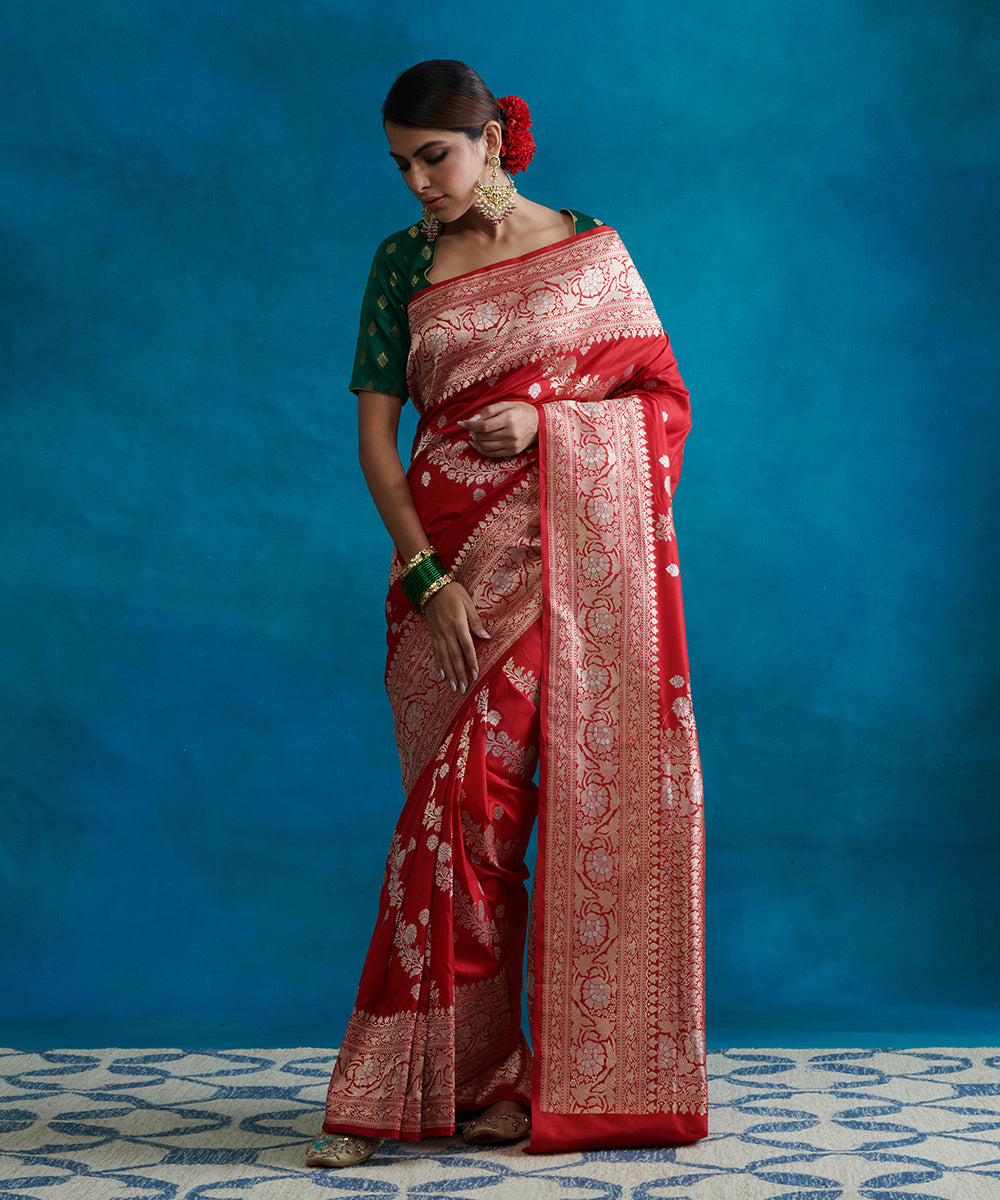 Red_Handloom_Pure_Katan_Silk_Banarasi_Saree_With_Aada_Jaal_WeaverStory_02