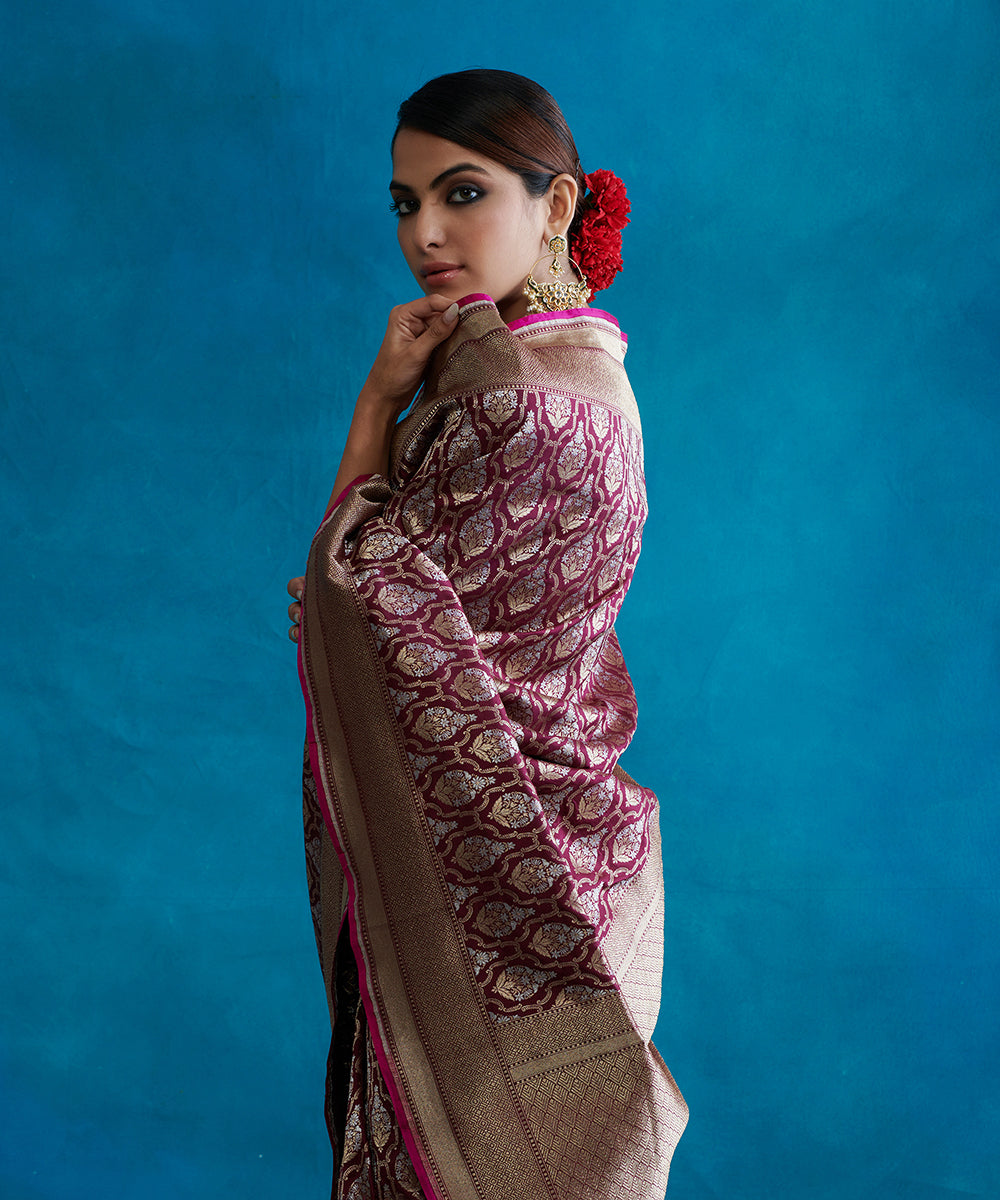Wine_Handloom_Pure_Katan_Silk_Banarasi_Saree_With_Cutwork_Sona_Rupa_Jaal_WeaverStory_01