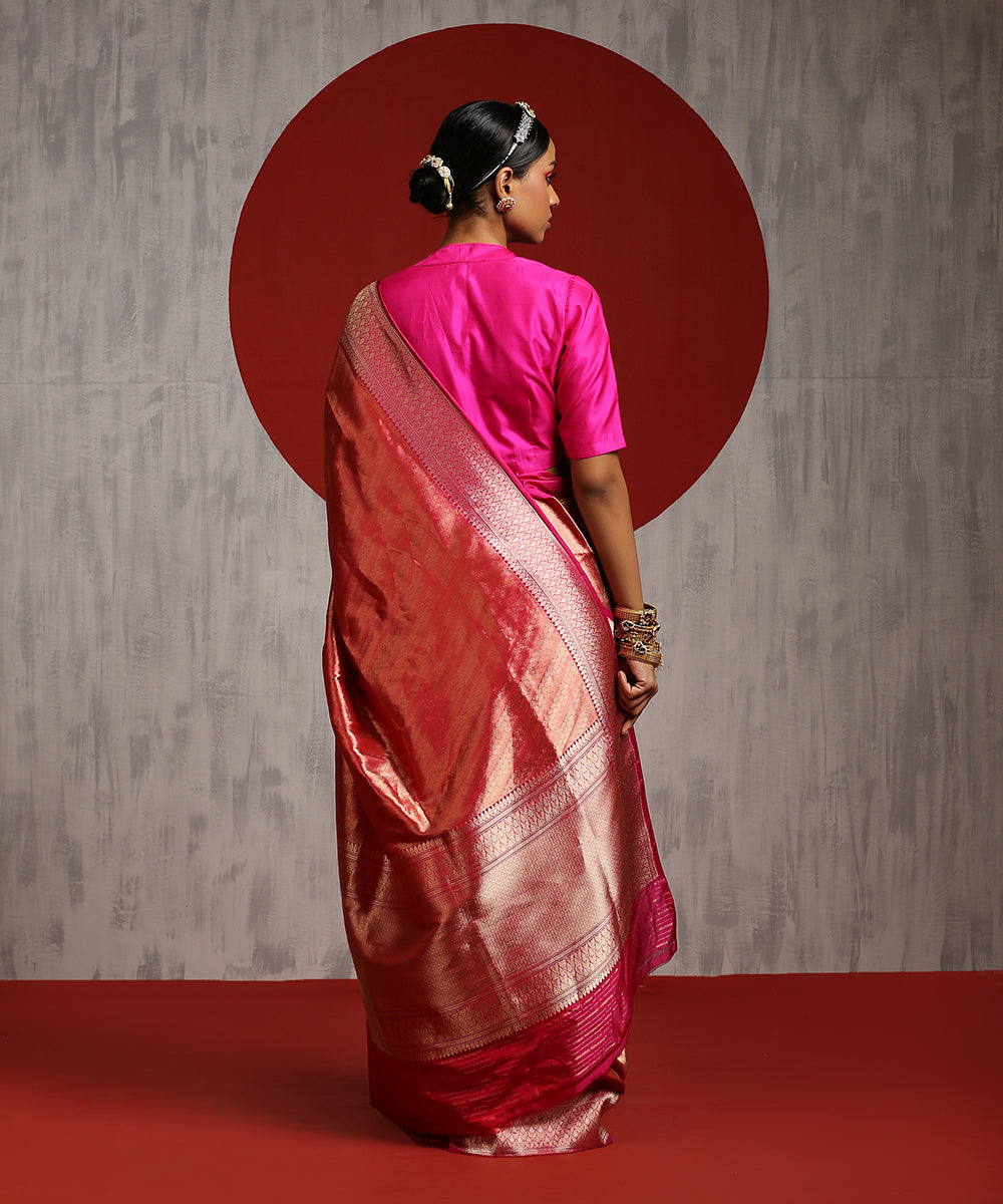 Handloom Dark Pink And Gold Zari Tanchoi Banarasi Saree With Hot Pink Border
