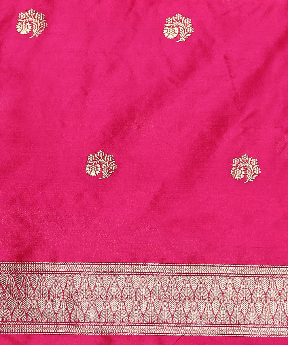 Handloom Dark Pink And Gold Zari Tanchoi Banarasi Saree With Hot Pink Border