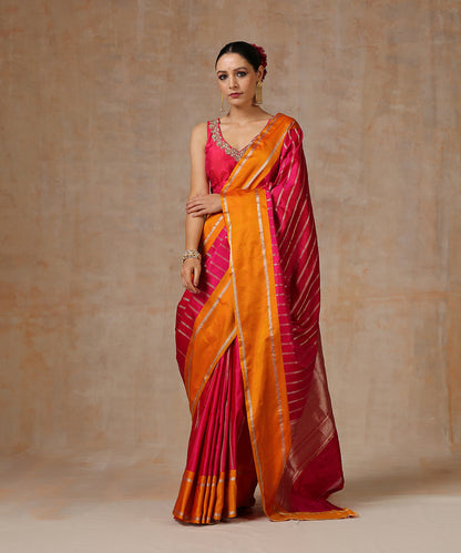 Pink_Pure_Satin_Silk_Saree_With_Mustard_Border_And_Zari_Vertical_Stripes_WeaverStory_02