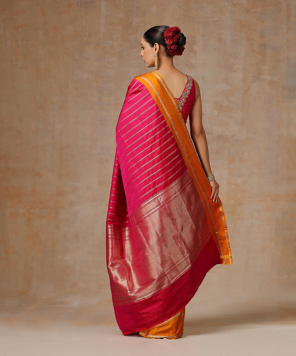 Pink_Pure_Satin_Silk_Saree_With_Mustard_Border_And_Zari_Vertical_Stripes_WeaverStory_03