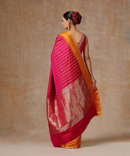 Pink_Pure_Satin_Silk_Saree_With_Mustard_Border_And_Zari_Vertical_Stripes_WeaverStory_03