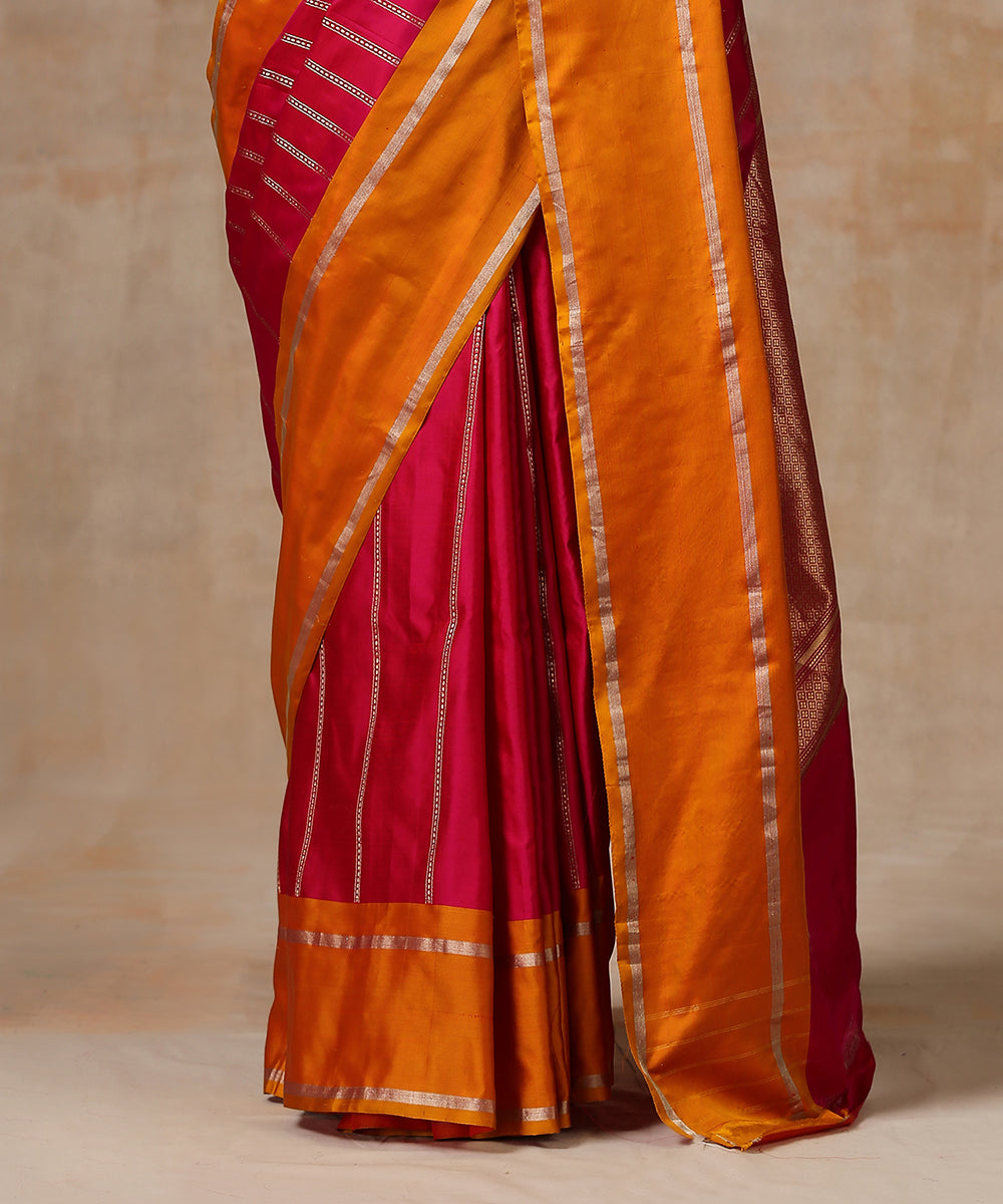 Pink_Pure_Satin_Silk_Saree_With_Mustard_Border_And_Zari_Vertical_Stripes_WeaverStory_04