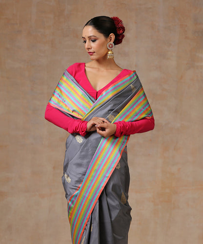 Grey_Handloom_Satin_Silk_Banarasi_Saree_With_Striped_Border_WeaverStory_01