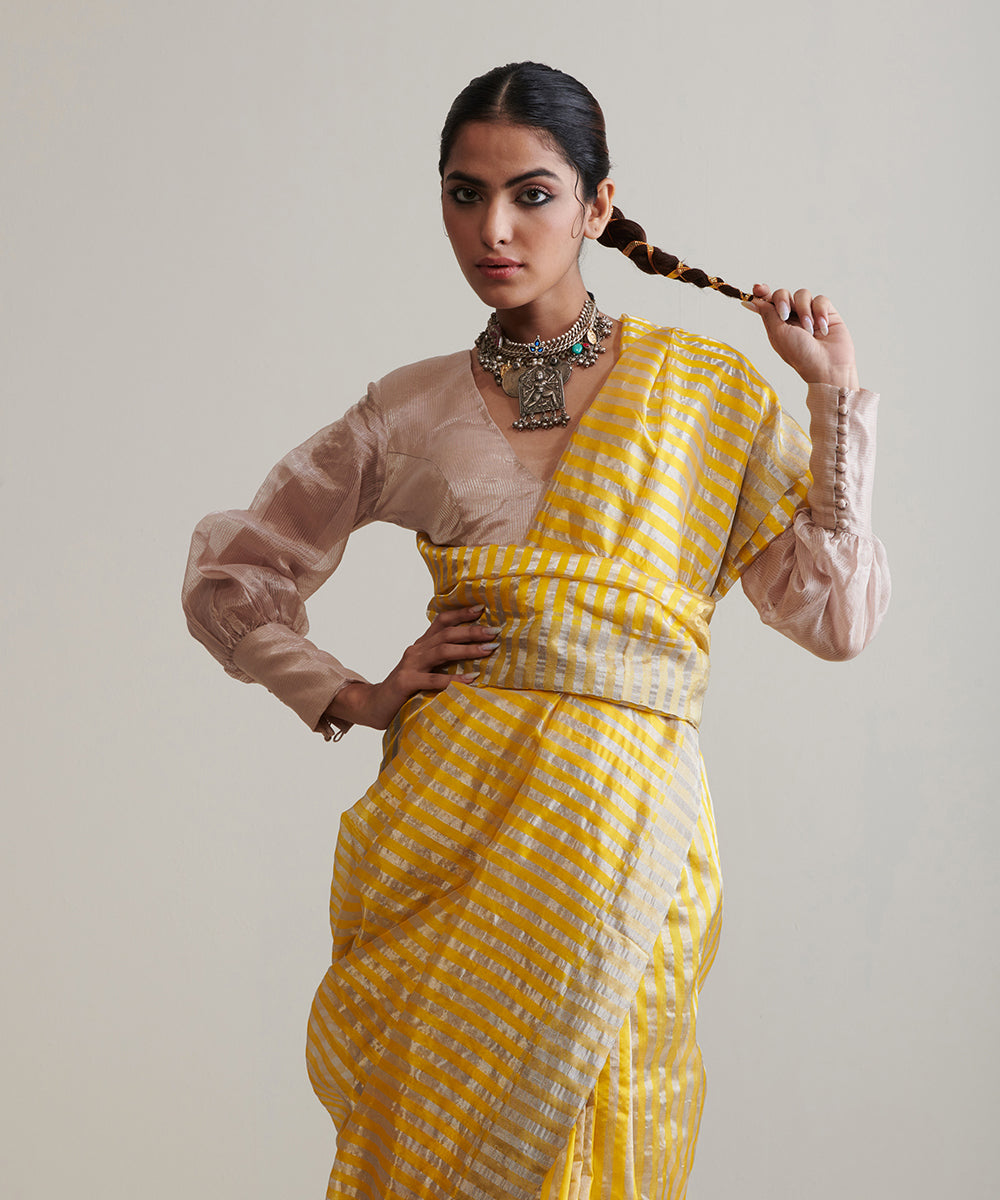 Handloom_Yellow_Tissue_Silk_Chanderi_Saree_With_Stripes_WeaverStory_01