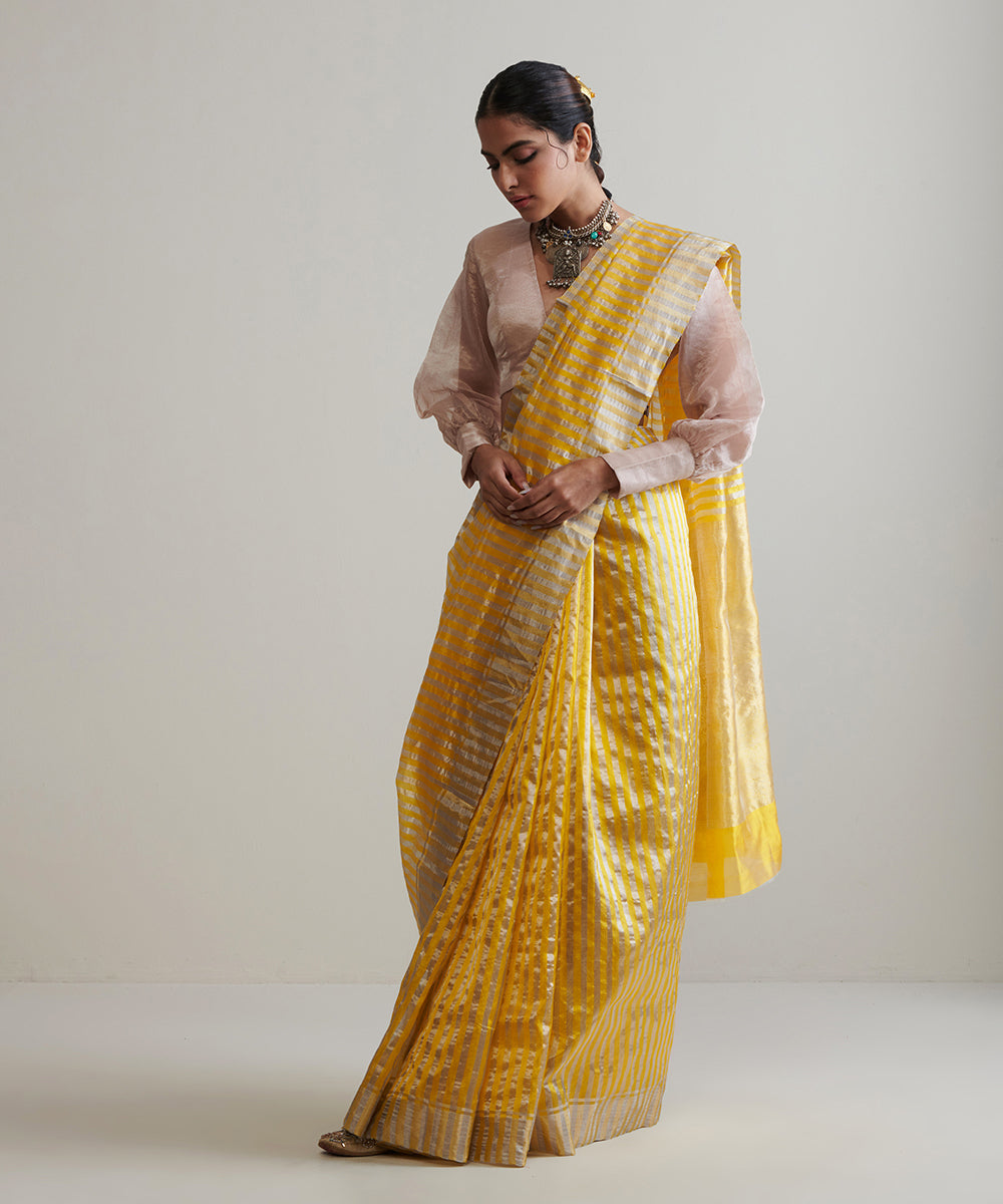 Handloom_Yellow_Tissue_Silk_Chanderi_Saree_With_Stripes_WeaverStory_02