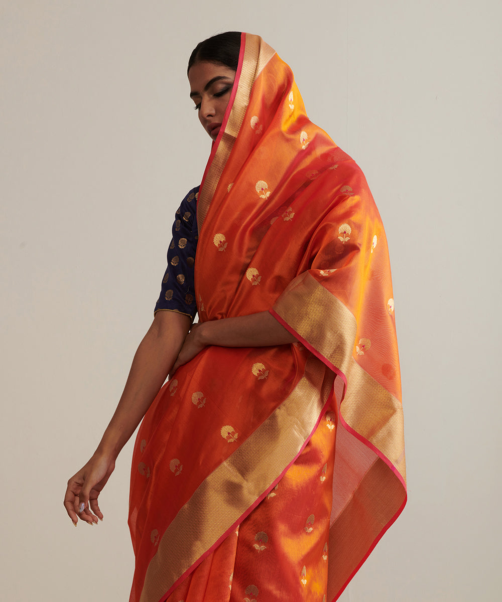 Orange_Handloom_Pure_Chanderi_Silk_Saree_With_Nakshi_Border_WeaverStory_01