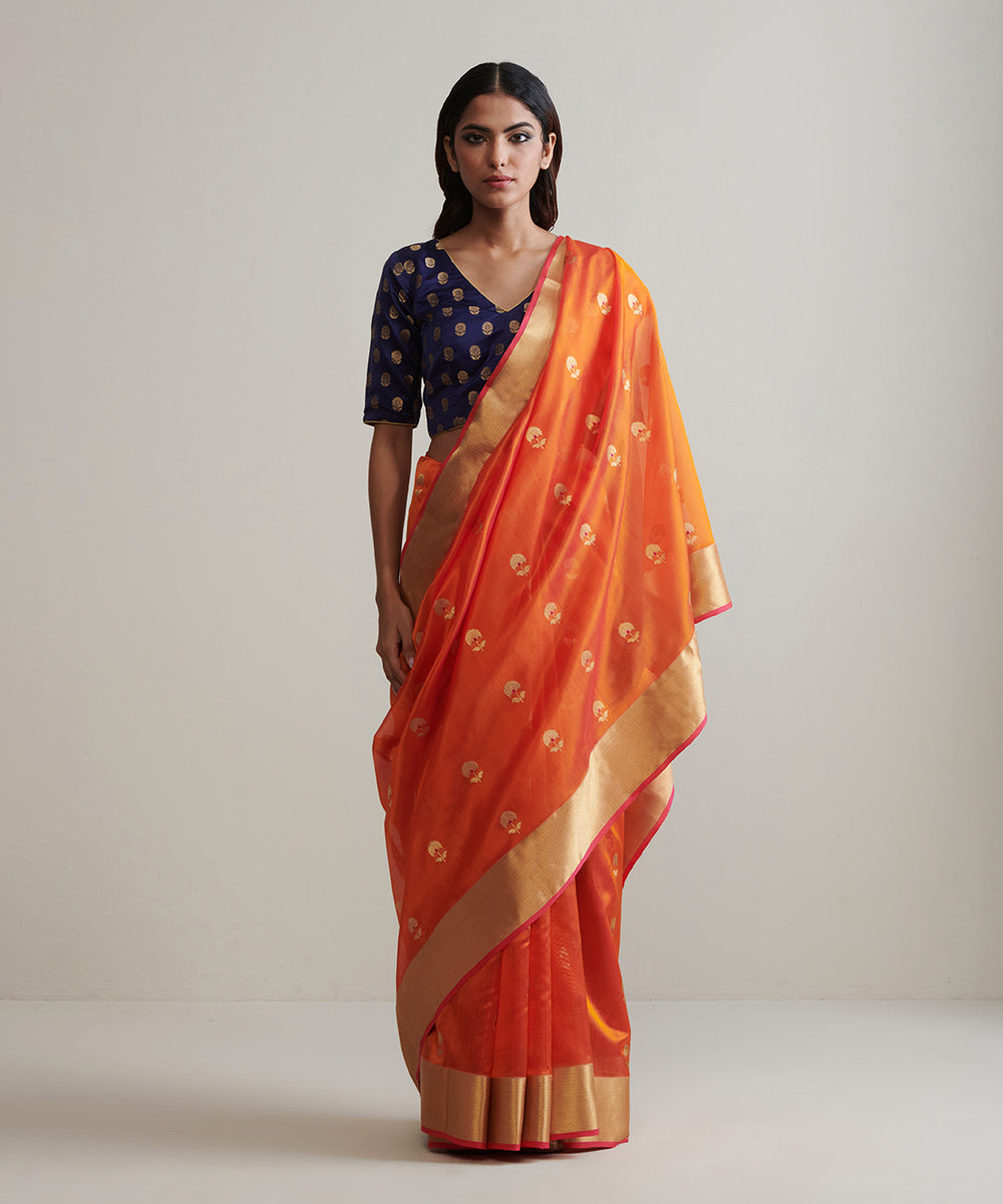 Orange_Handloom_Pure_Chanderi_Silk_Saree_With_Nakshi_Border_WeaverStory_02