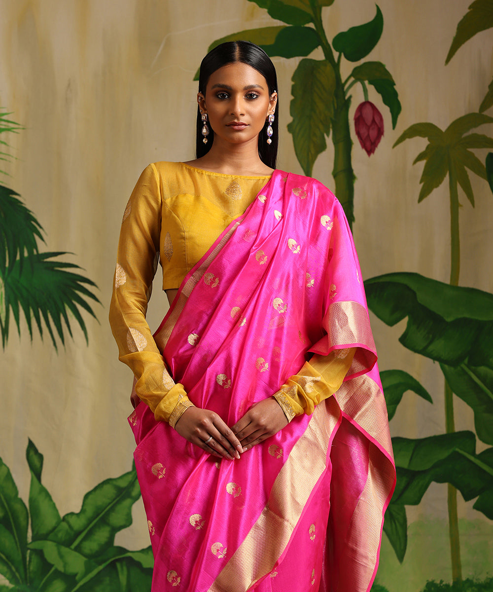 Hot_Pink_Handloom_Chanderi_Silk_Saree_With_Nakshi_Border_WeaverStory_01