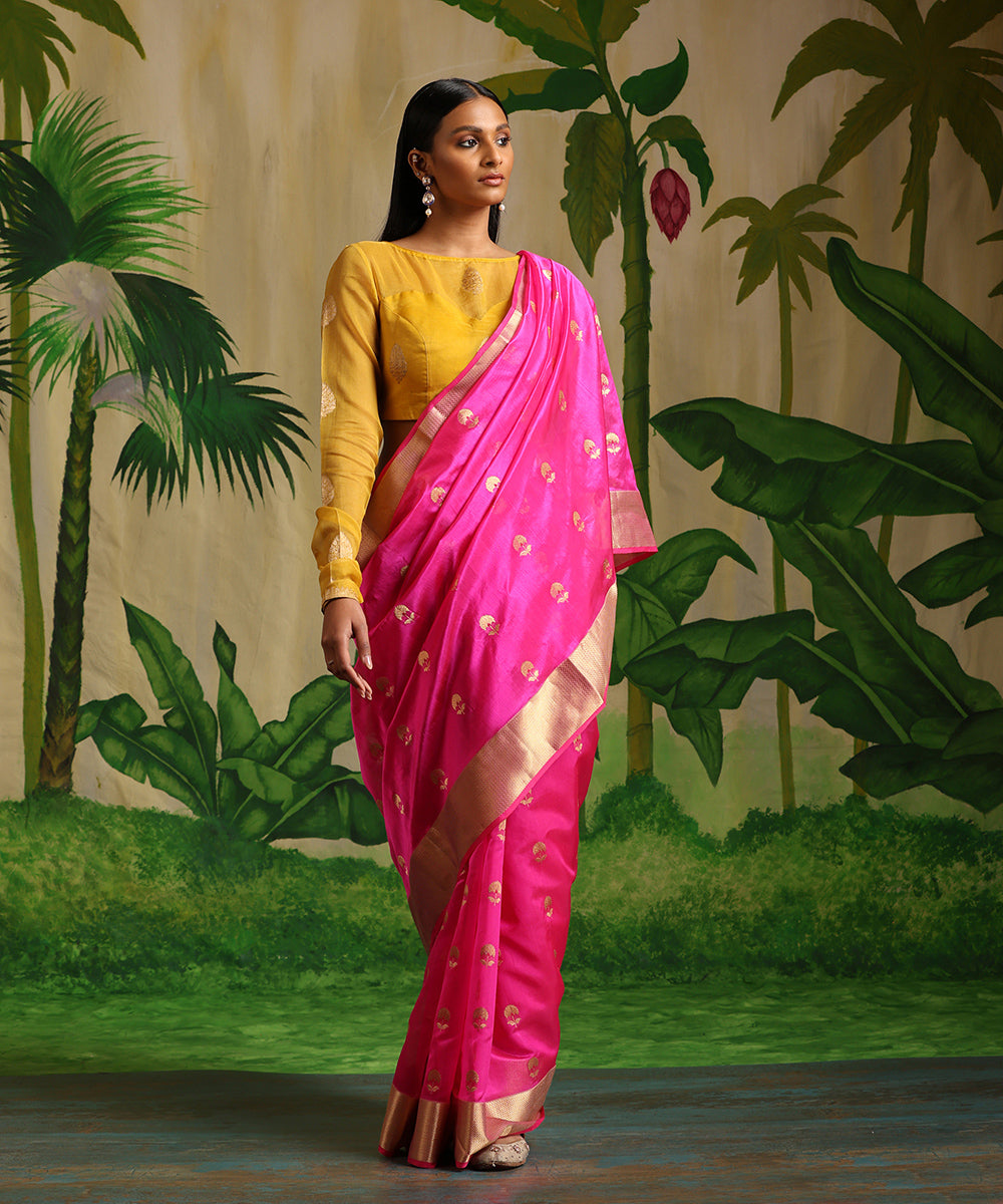 Hot_Pink_Handloom_Chanderi_Silk_Saree_With_Nakshi_Border_WeaverStory_02