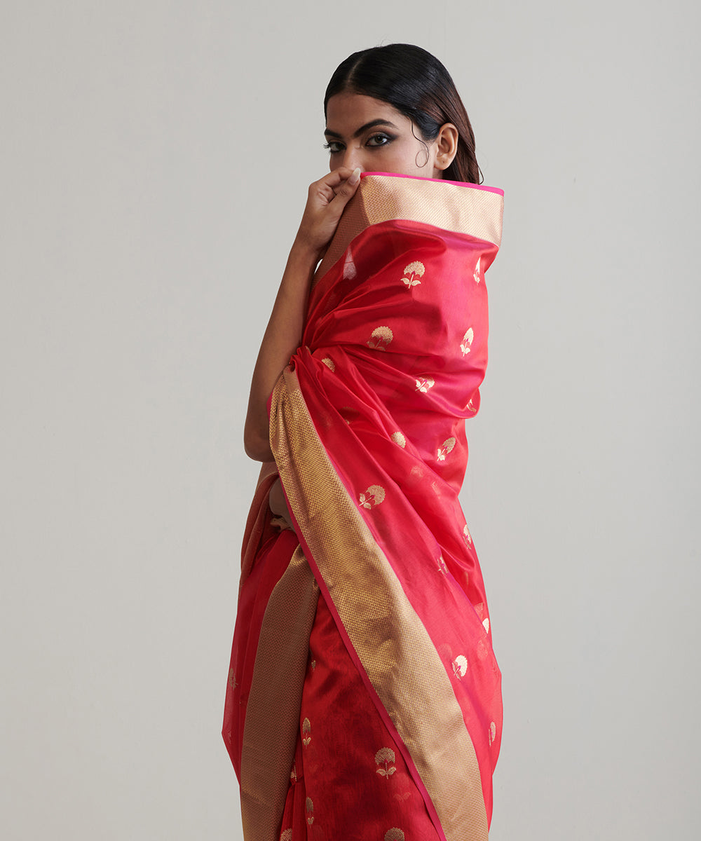 Handloom Red Pure Chanderi Silk Saree With Nakshi Border – WeaverStory