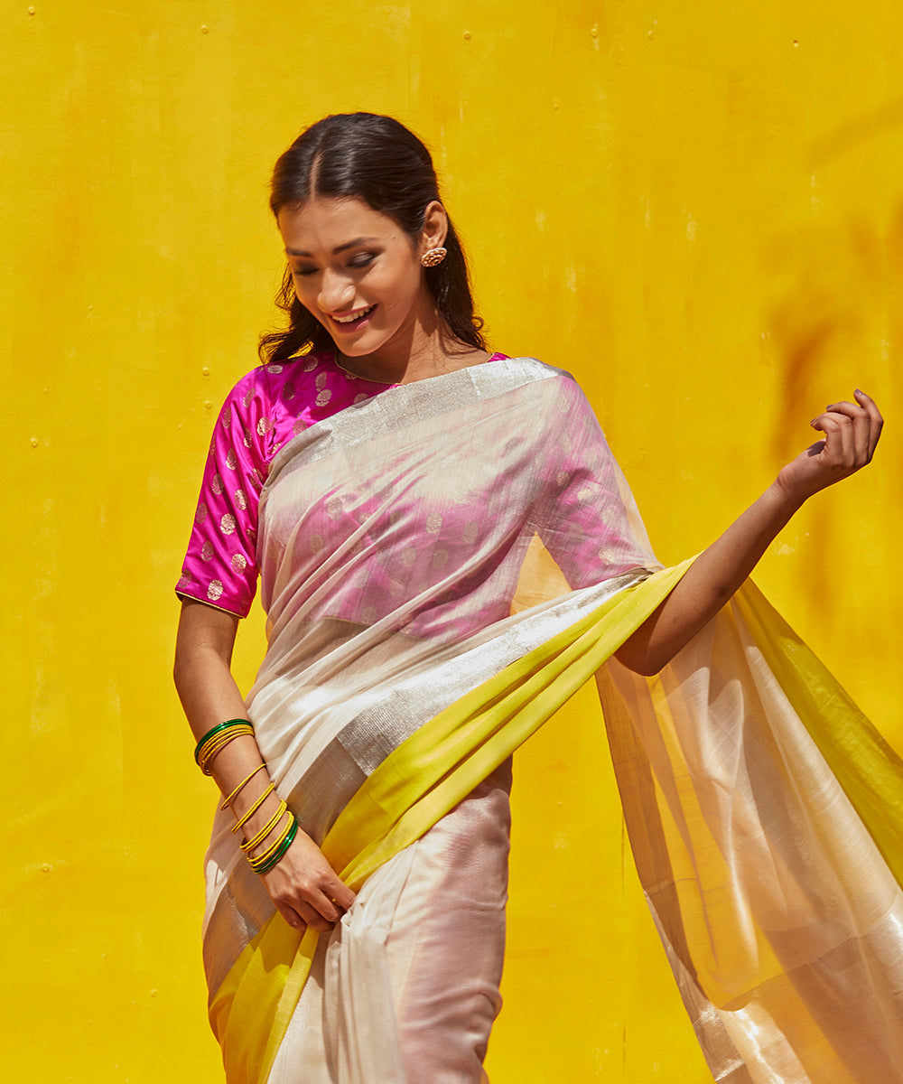 Handloom_White_Pure_Cotton_Chanderi_Saree_With_Yellow_Mashroo_Border_WeaverStory_01