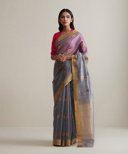 Handloom_Grey_Pure_Chanderi_Silk_Saree_With_Zari_Booti_WeaverStory_02