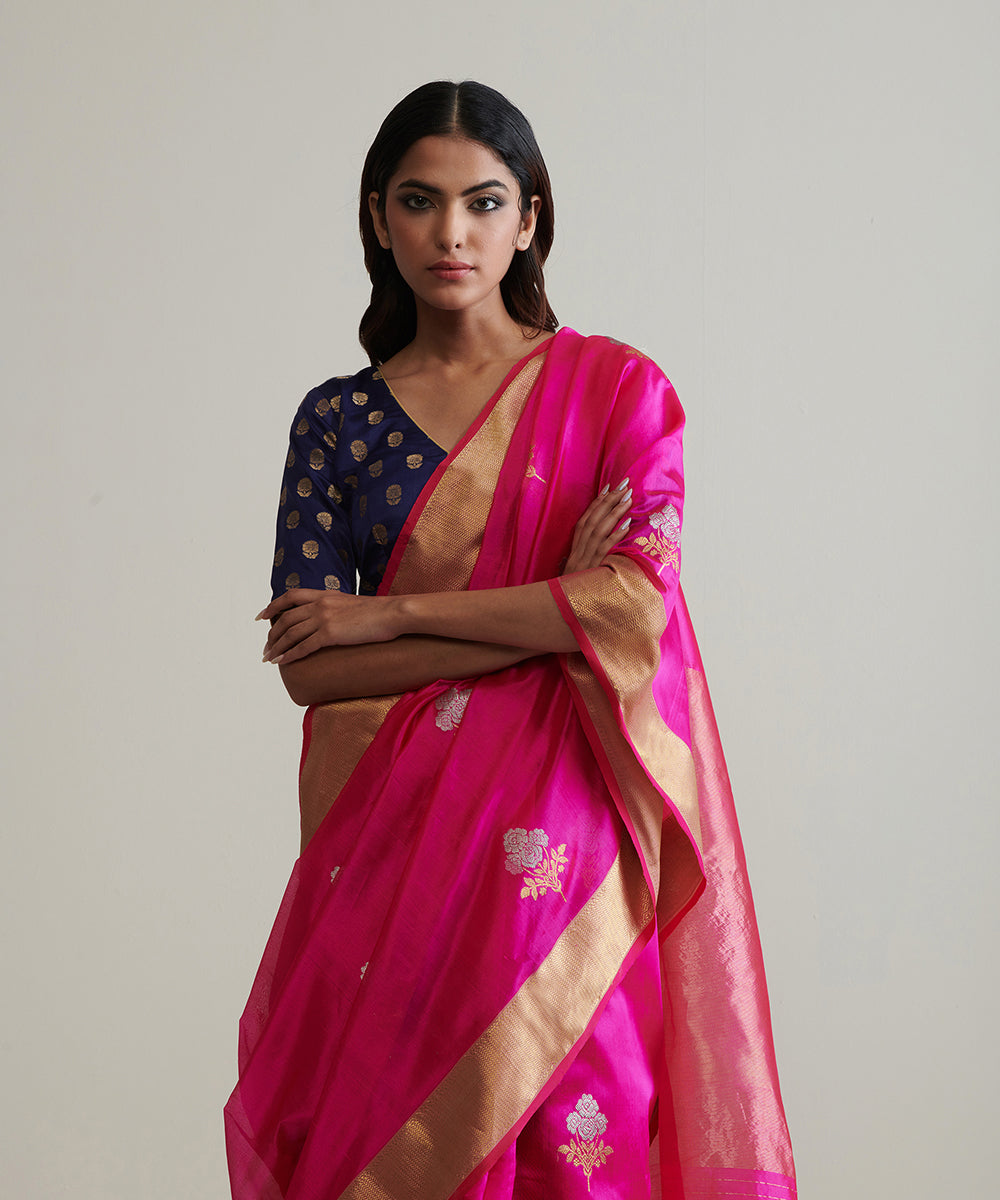 Rani_Pink_Handloom_Pure_Chanderi_Silk_Saree_With_Nakshi_Border_And_Gulab_Booti_WeaverStory_01