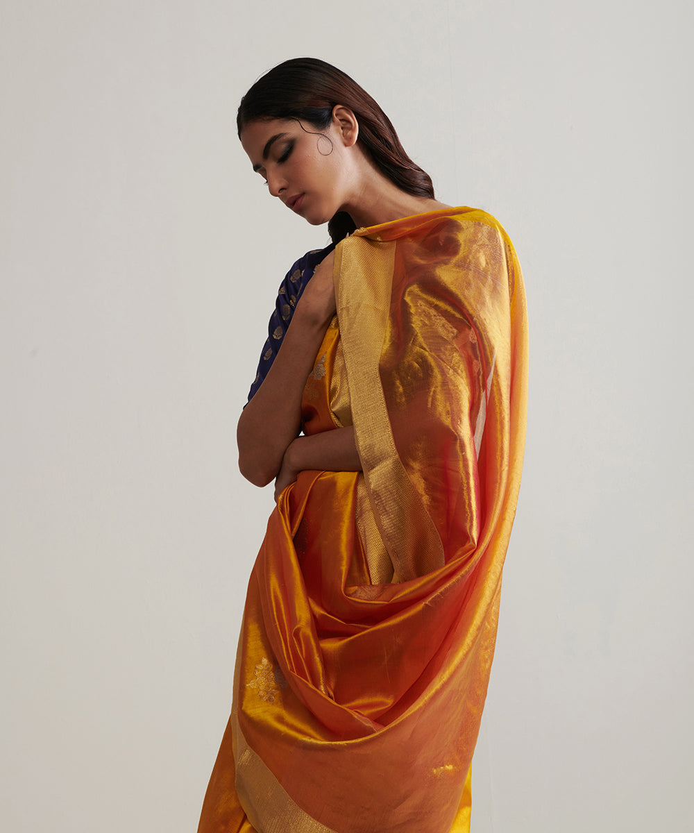 Handloom_Mango_Yellow_Pure_Chanderi_Silk_Saree_With_Nakshi_Border_And_Gulab_Booti_WeaverStory_01