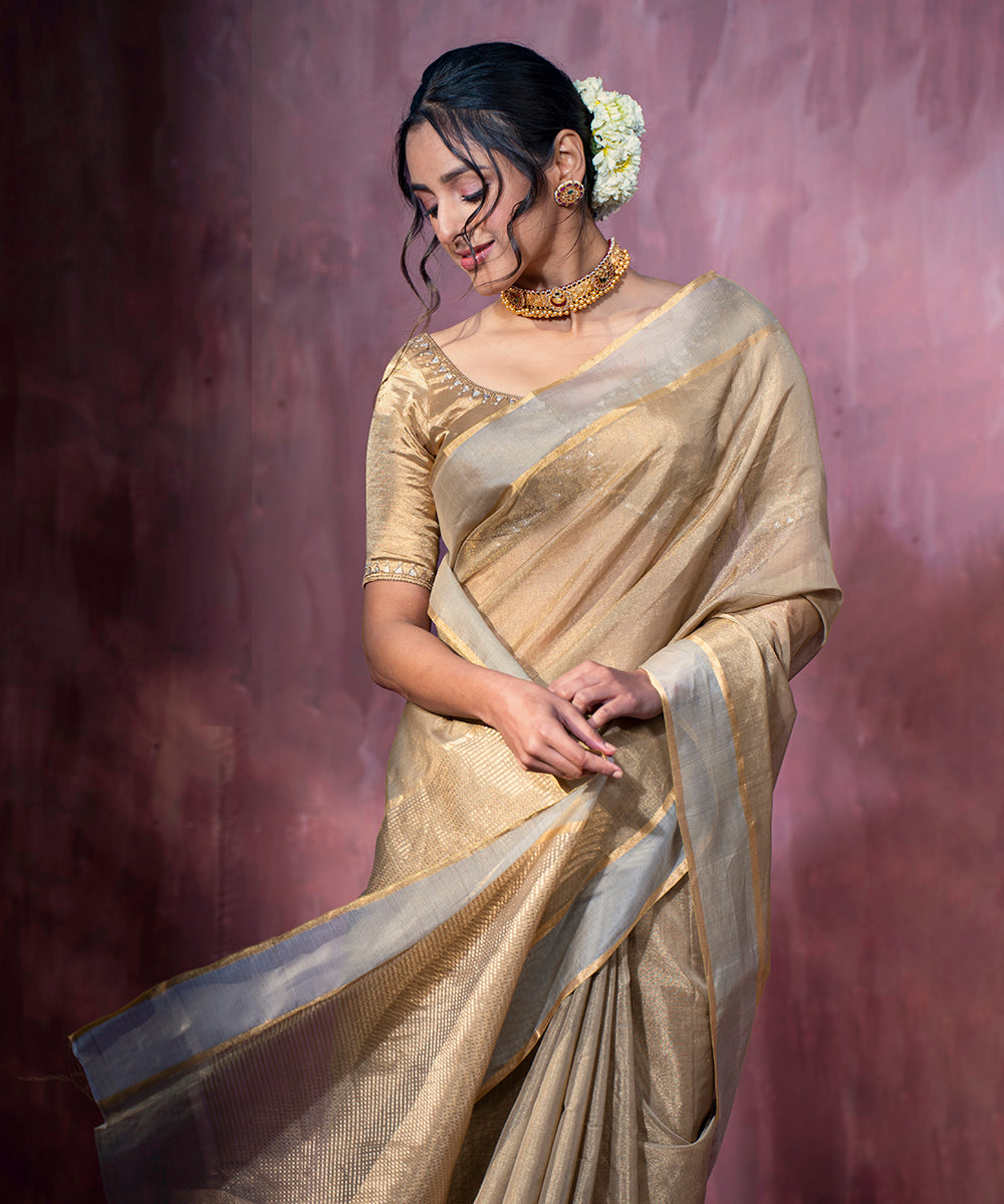 Handloom_Brown_Tissue_Chanderi_Silk_Saree_With_Contrast_Woven_Border_WeaverStory_01