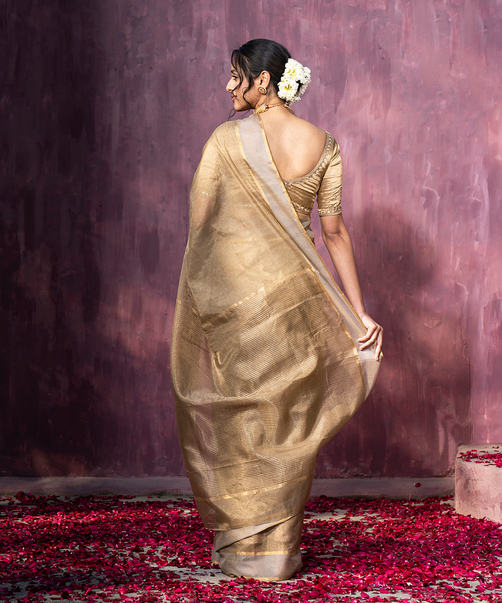 Handloom Brown Tissue Chanderi Silk Saree With Contrast Woven Border
