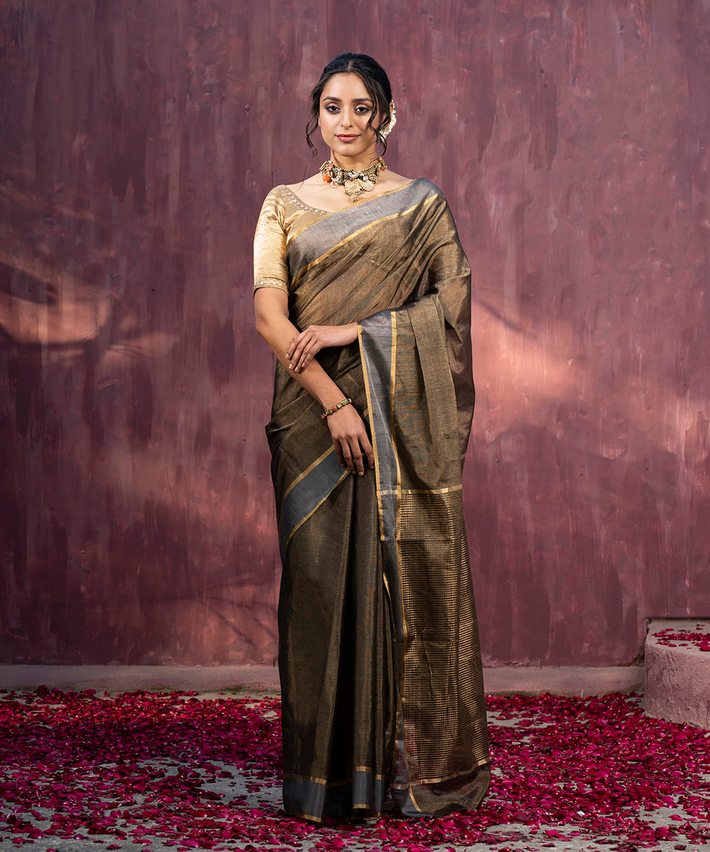 Brown_And_Grey_Handloom_Tissue_chanderi_Silk_Saree_With_Contrast_Woven_Border_WeaverStory_02
