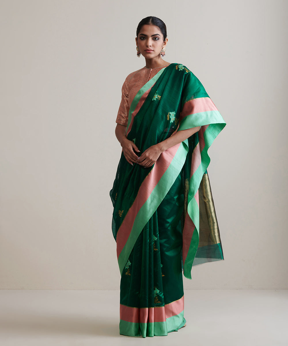 Buy Swtantra Rich Emerald Green Satin Saree with Bronze Tassel Pendants  online