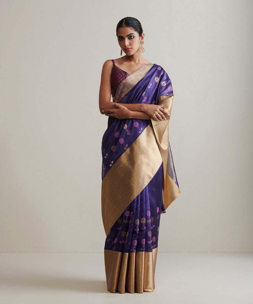 Purple_Handloom_Pure_Chanderi_Silk_Saree_With_Broad_Zari_Border_And_Floral_Sunflower_Motifs_WeaverStory_02