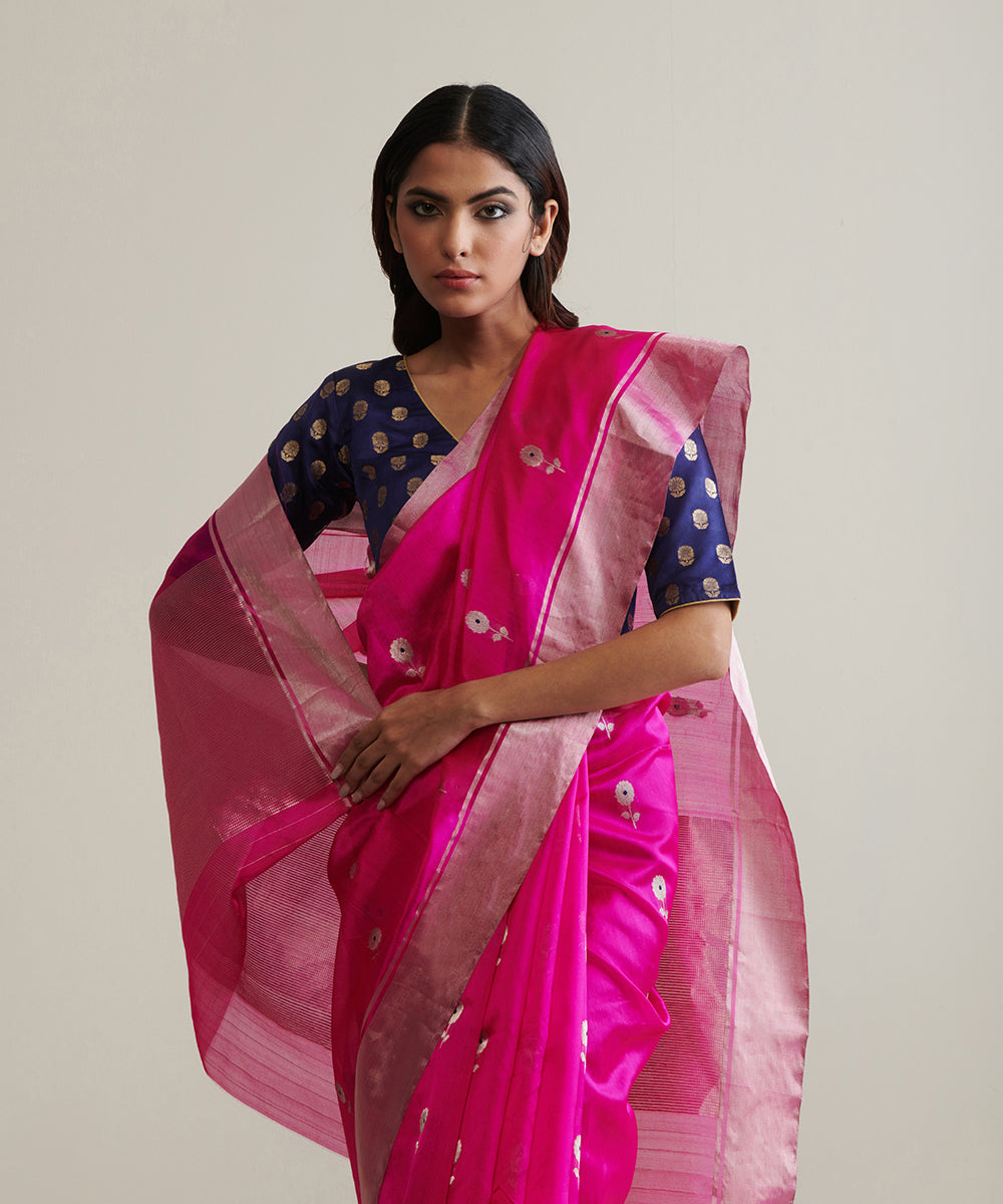 Hot_Pink_Handloom_Pure_Chanderi_Silk_Saree_With_Silver_Zari_Floral_Boota_WeaverStory_01