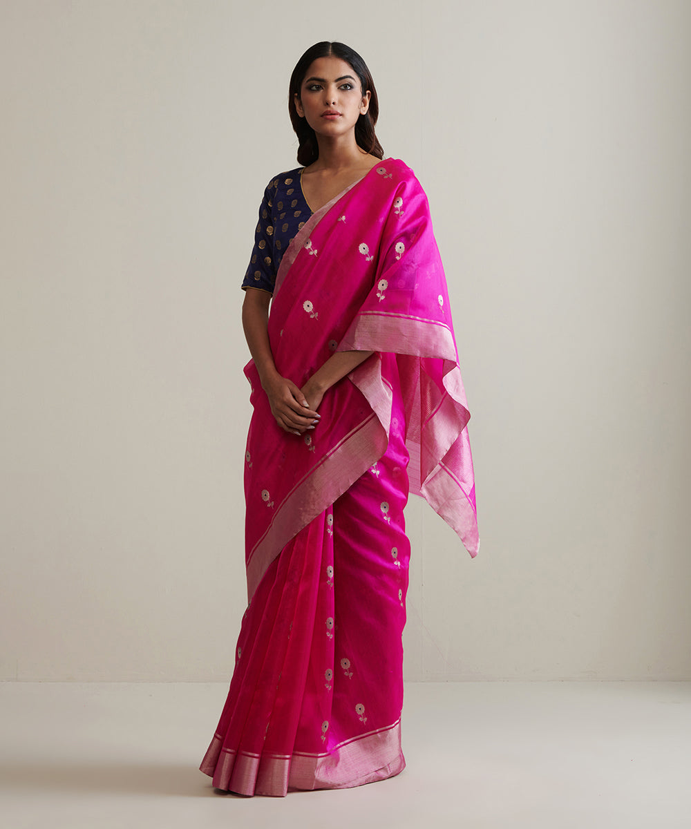 Hot_Pink_Handloom_Pure_Chanderi_Silk_Saree_With_Silver_Zari_Floral_Boota_WeaverStory_02