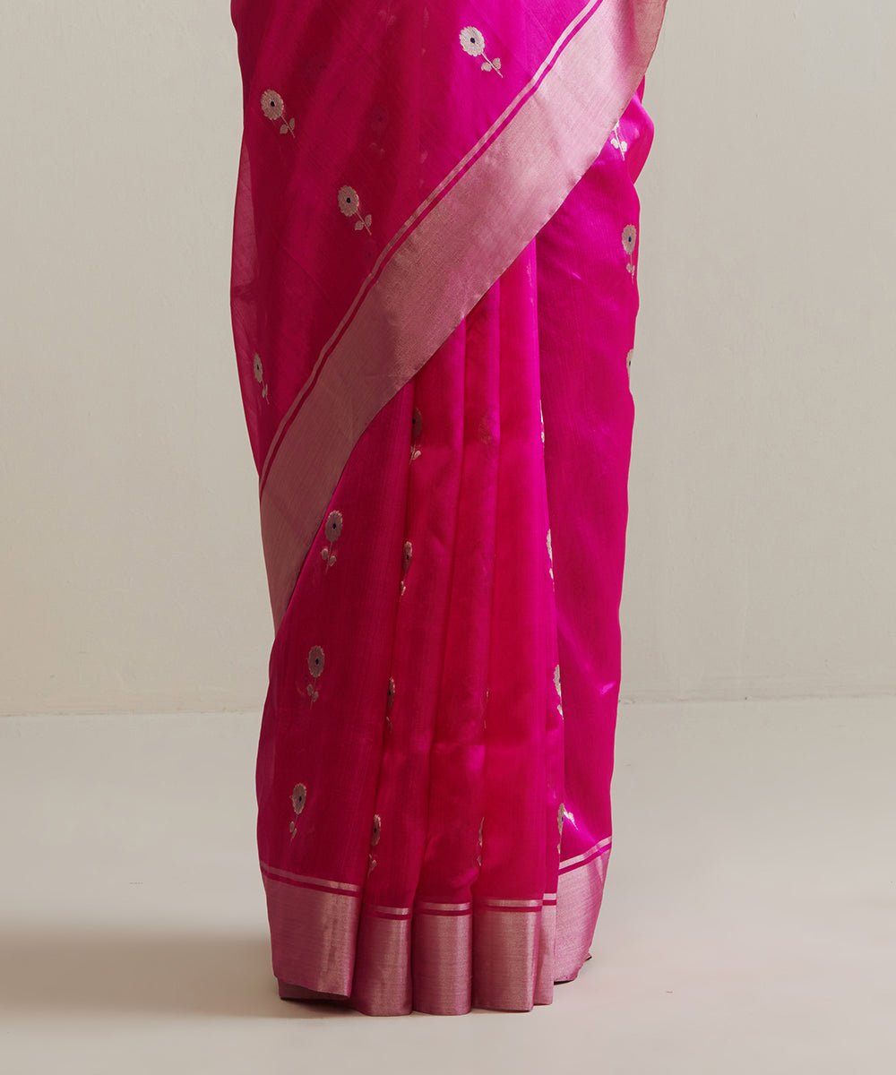 Hot_Pink_Handloom_Pure_Chanderi_Silk_Saree_With_Silver_Zari_Floral_Boota_WeaverStory_04