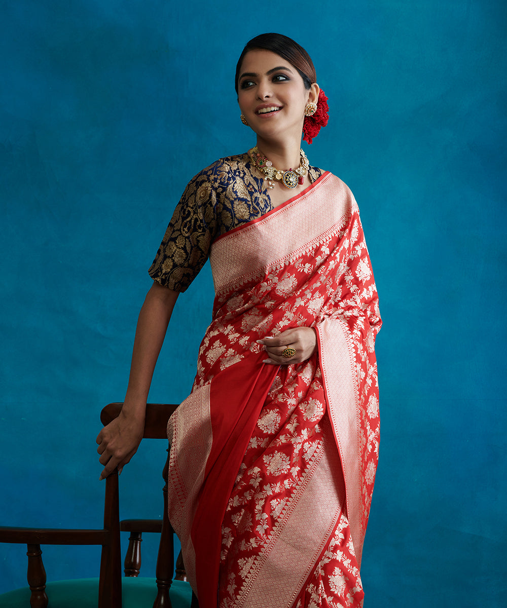 Red_Handloom_Pure_Katan_Silk_Banarasi_Saree_With_Cutwork_Floral_Jaal_WeaverStory_01