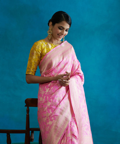 Handloom_Pink_Pure_Katan_Silk_Banarasi_Saree_With_Cutwork_Jaal_WeaverStory_01