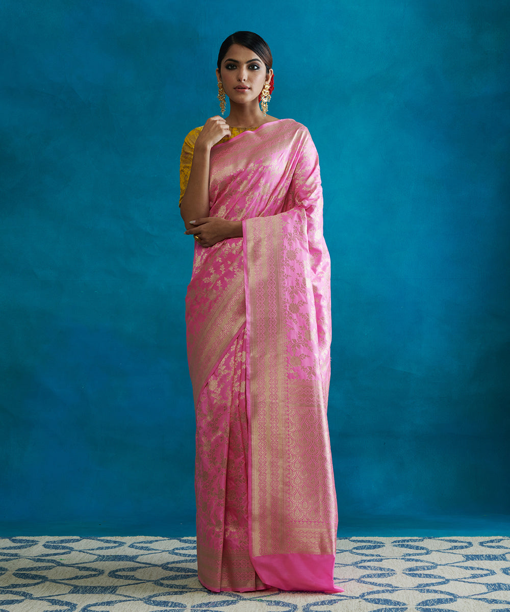 Handloom_Pink_Pure_Katan_Silk_Banarasi_Saree_With_Cutwork_Jaal_WeaverStory_02