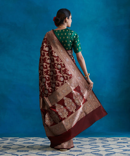 Burgundy_Handloom_Pure_Katan_Pure_Silk_Banarasi_Saree_With_Cutwork_Sona_Rupa_Jaal_WeaverStory_03