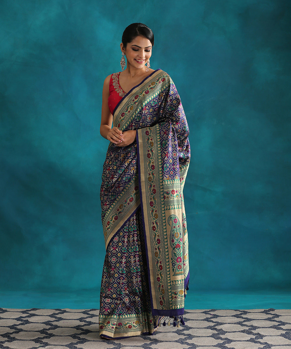 Handloom_Navy_Blue_Pure_Silk_Tissue_Patola_Saree_With_Meenakari_Border_WeaverStory_02