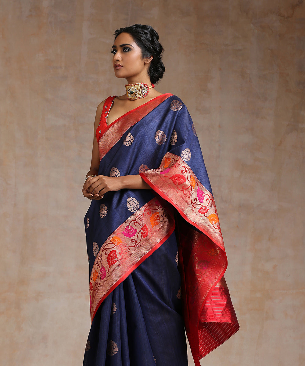 Handloom_Navy_Blue_Tussar_Silk_Banarasi_Saree_With_Red_Border_WeaverStory_01