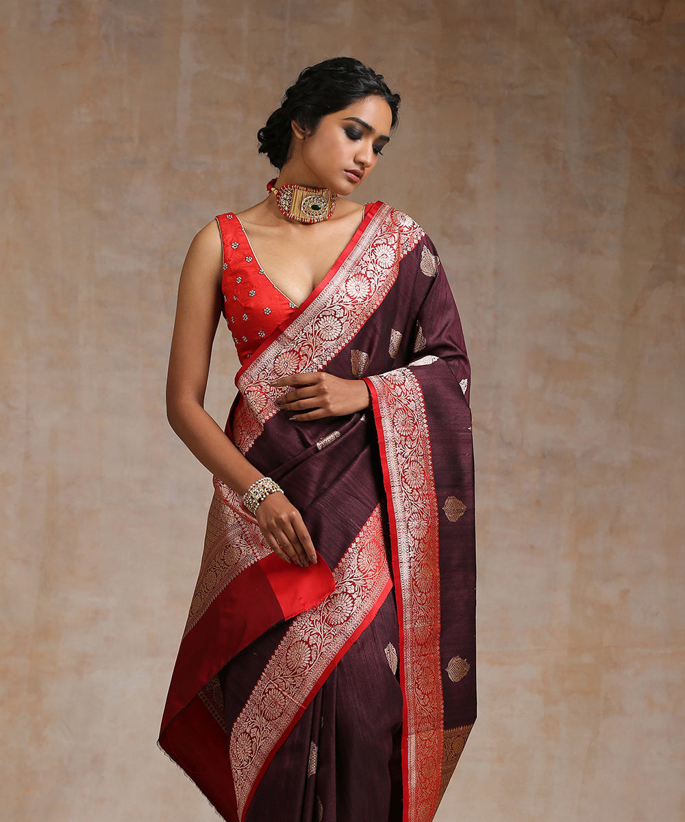 Handloom_Wine_Tussar_Silk_Kadhwa_Big_Booti_Red_Border_WeaverStory_01