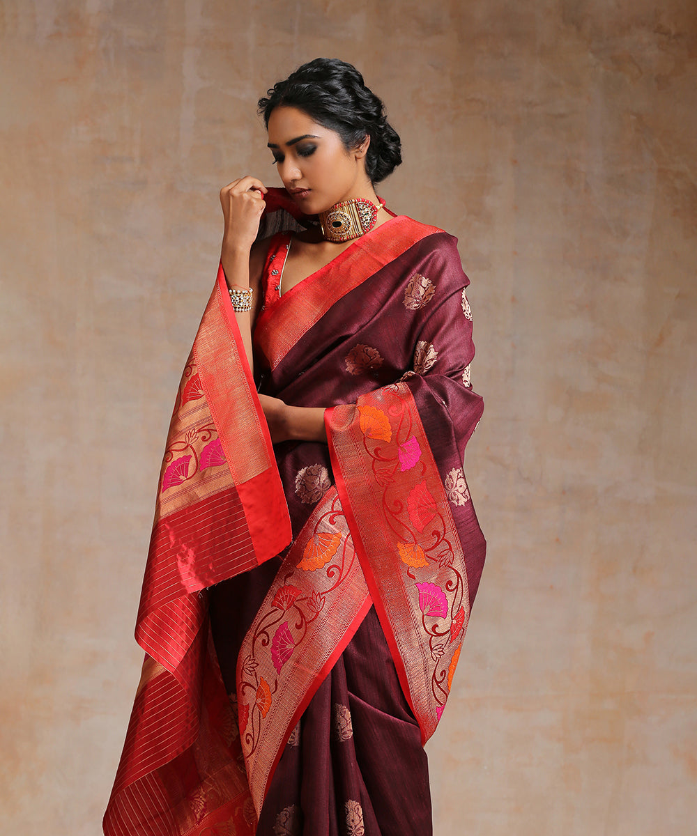 Maroon_Handloom_Tussar_Silk_Banarasi_Saree_With_Red_Border_WeaverStory_01