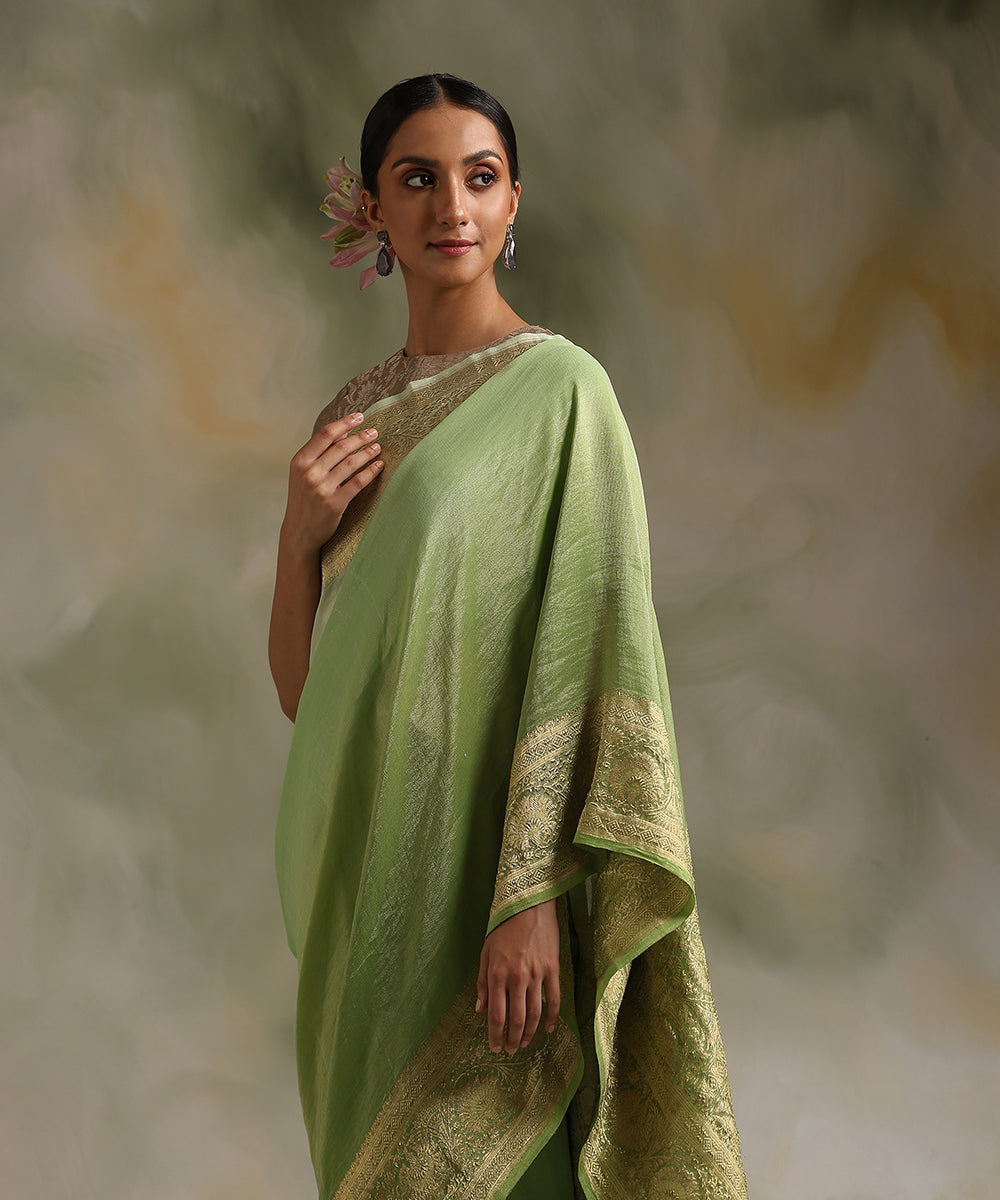 Pista_Handloom_Pure_Tissue_Georgette_Banarasi_Saree_With_Border_WeaverStory_01