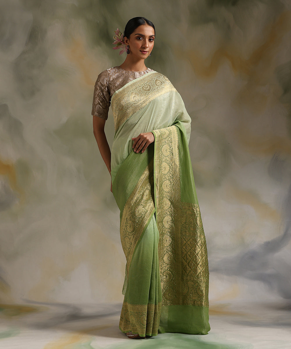 Pista_Handloom_Pure_Tissue_Georgette_Banarasi_Saree_With_Border_WeaverStory_02