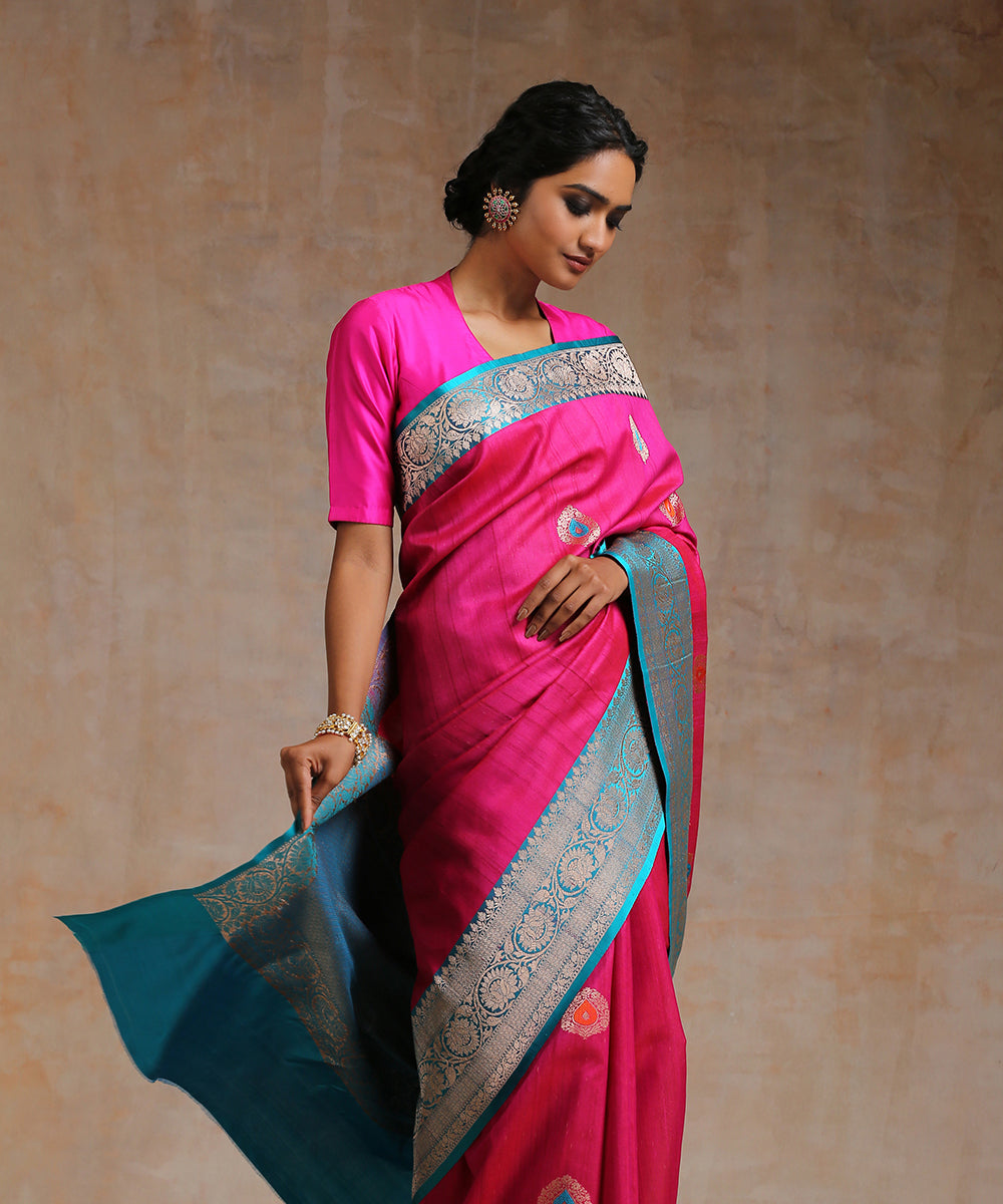 Hot_Pink_Handloom_Tussar_Silk_Banarasi_Saree_With_Pink_Border_WeaverStory_01