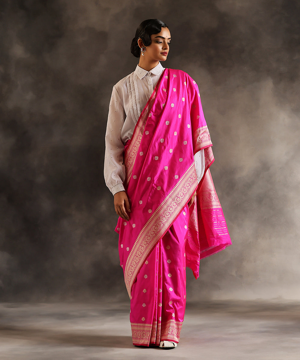 Handloom_Hot_Pink_Pure_Katan_Silk_Banarasi_Saree_With_Kadhwa_Booti_WeaverStory_02