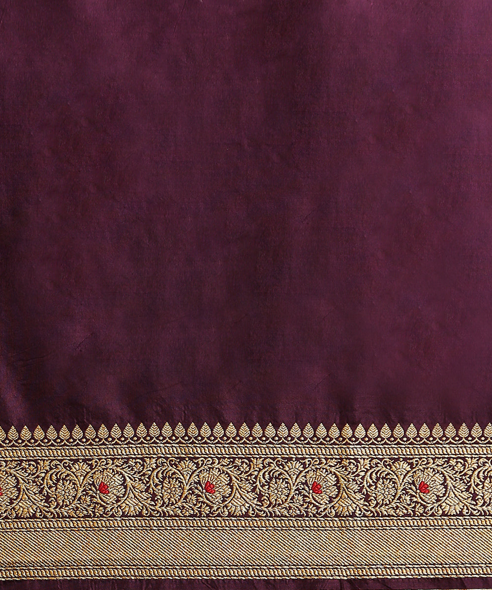 Handloom Dark Purple Pure Katan Silk Banarasi Saree With Red Selvedge
