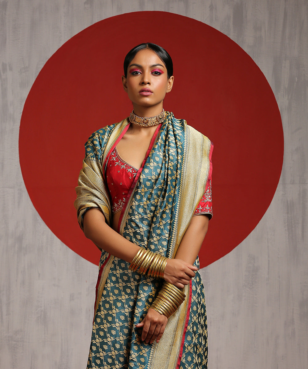 Handloom Teal Pure Katan Silk Banarasi Saree With Red Selvedge
